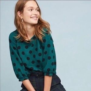 Maeve by Anthropologie Green and Black polka dot top